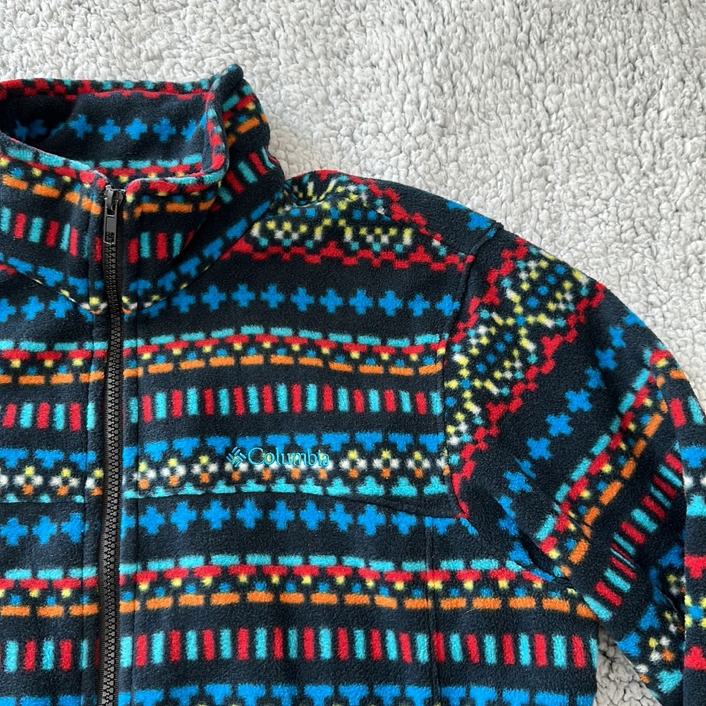 Women’s Columbia Fleece Black w/ Tribal Aztec Colorful Print full zip jacket Med - Picture 2 of 10